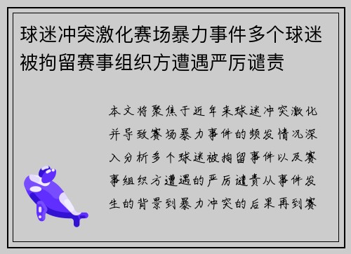 球迷冲突激化赛场暴力事件多个球迷被拘留赛事组织方遭遇严厉谴责